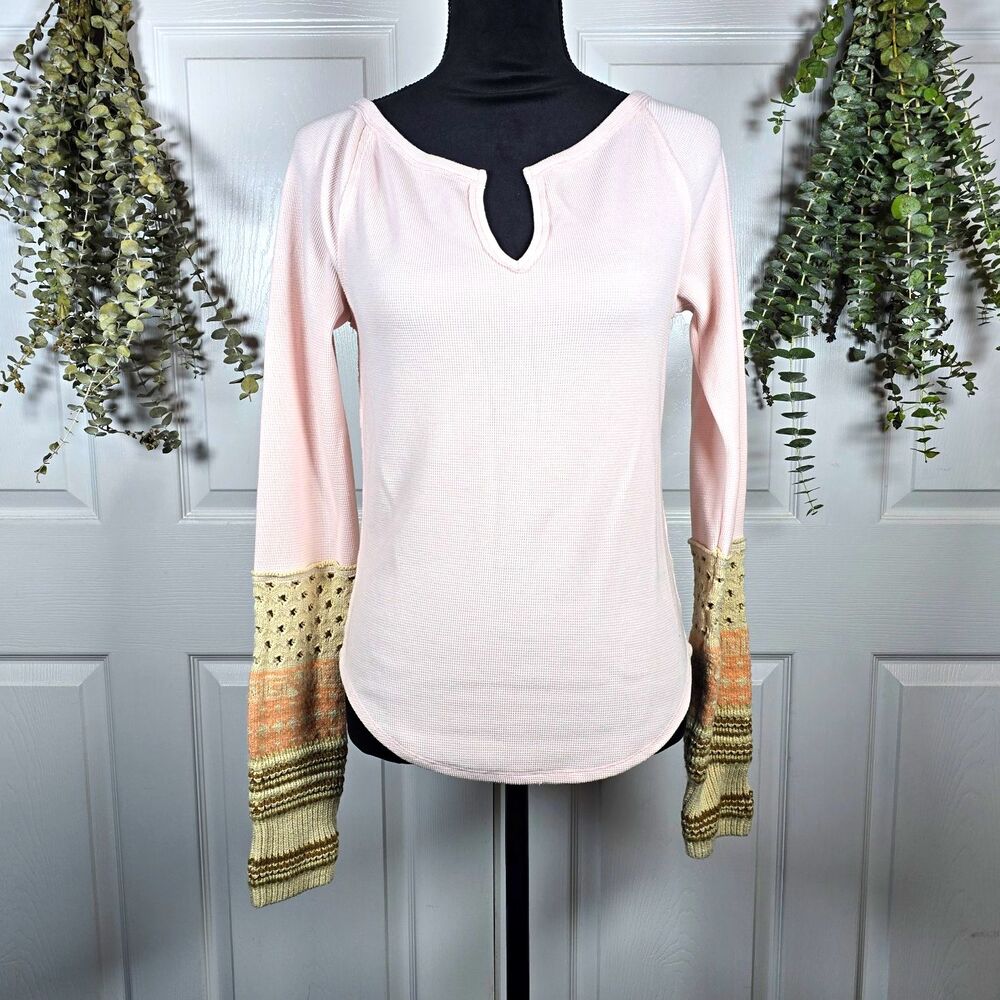 We The Free Pink Knit Fair Isle Patterned Sleeves Split Neck Thermal Large